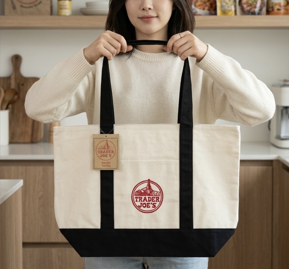 Trader Joe's Large Canvas Tote Bag Navy and Beige Brand New